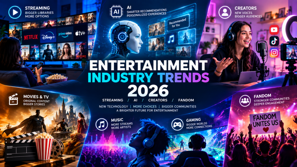 Shocking Entertainment Industry Trends 2026: How AI, Streaming and Superfans Are Changing Everything Entertainment Industry Trends 2026 featuring streaming platforms, AI recommendations, creators, movies, music, gaming and fandom communities