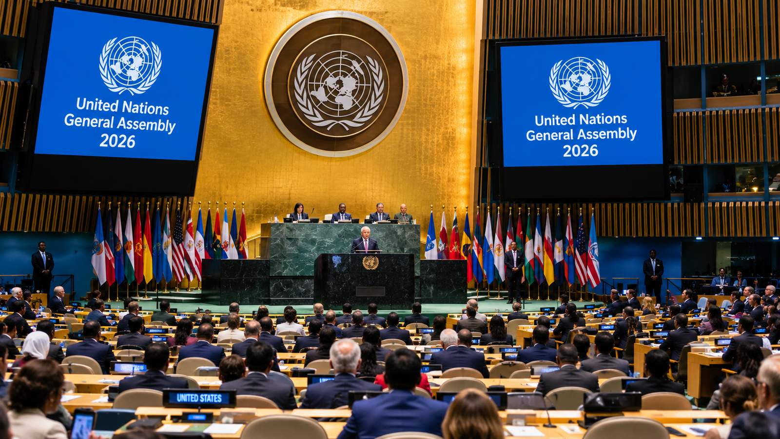 UN General Assembly 2026 discussing AI climate action and global security